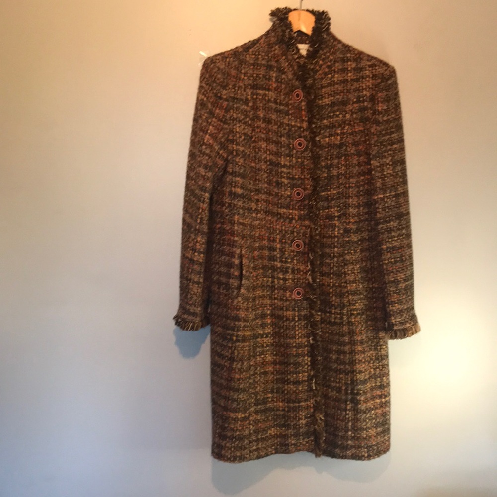 Womens Tweed Button-Front Coat - Brown Multi